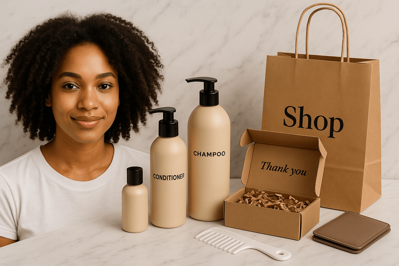 Woman with natural curly hair next to shampoo, conditioner, and gift packaging from GmnNow